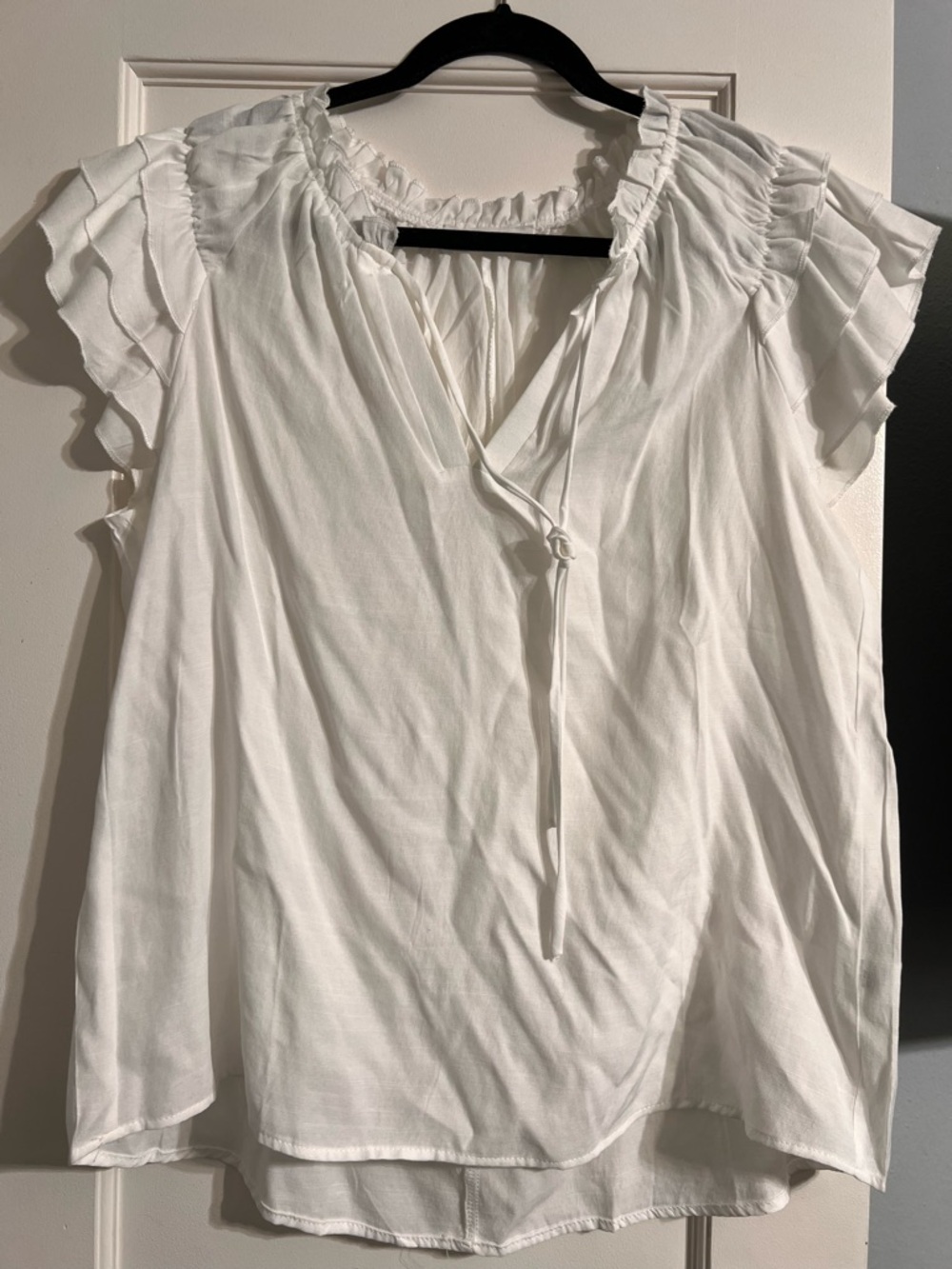 Carly Jean Los Angeles White Ruffle Sleeve Tie-Neck Blouse